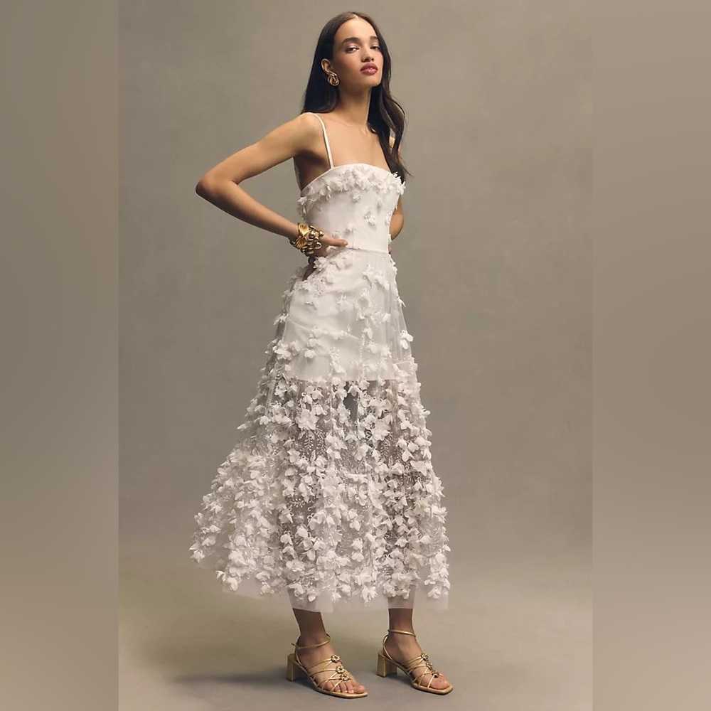 Anthropologie Helsi Audrey Square-Neck Floral Appliqué Sheer Midi Dress - XS